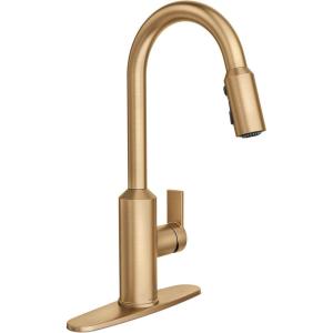 imageMoen Meena One Handle Kitchen Faucet with Pull Down Sprayer High Arc Kitchen Sink Faucet Featuring Reflex System and Duralock Quick Connect Spot Resist Stainless 87270SRSBronzed Gold