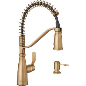 imageMoen Nolia Bronzed Gold OneHandle High Arc Kitchen Faucet with Pull Down Sprayer and Soap Dispenser Kitchen Sink Faucet Featuring Power Boost Technology 87071BZGBronzed Gold