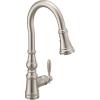 imageMoen Weymouth Brushed Gold Traditional Shepherds Hook Pulldown Kitchen Faucet Featuring Pull Down Spray Head with Power Boost S73004BGSpot Resist Stainless