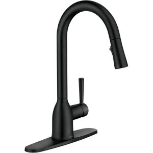 imageMoen Adler Matte Black OneHandle High Arc Kitchen Sink Faucet with Power Clean Modern Kitchen Faucet with Pull Down Sprayer 87233BLMatte Black