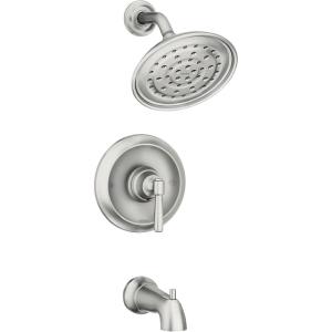 imageMoen Halle Spot Resist Brushed Nickel Shower Faucet Trim Set featuring Wide Showerhead and Lever Handle with PosiTemp Valve Included 82971SRNShower  Handle   Spout