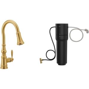 imageMoen Weymouth Brushed Gold Traditional Shepherds Hook Pulldown Kitchen Faucet Featuring Pull Down Spray Head with Power Boost S73004BGBrushed Gold