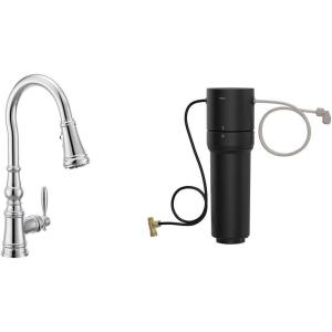 imageMoen Weymouth Brushed Gold Traditional Shepherds Hook Pulldown Kitchen Faucet Featuring Pull Down Spray Head with Power Boost S73004BGChrome