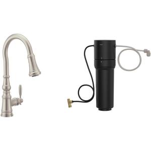 imageMoen Weymouth Brushed Gold Traditional Shepherds Hook Pulldown Kitchen Faucet Featuring Pull Down Spray Head with Power Boost S73004BGSpot Resist Stainless