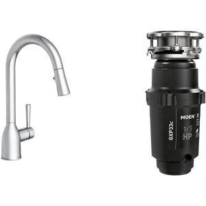 imageMoen 87233 Adler Chrome OneHandle High Arc Kitchen Sink Faucet with Pull Down Sprayer Bundle with Moen GXP33C Lite Series PRO Black 13 HP Continuous Feed Garbage Disposal13 HP