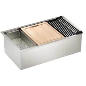 imageMoen Luxe Chef 18Gauge Stainless Steel Undermount 32quot x 19quot Single Bowl Workstation Sink Includes Cutting Board Flexible Drying Rack Colander Bottom Sink Grid and Drain GS181020BUX
