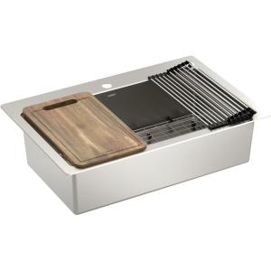 imageMoen Luxe Chef 18Gauge Stainless Steel Undermount 33quot x 19quot Double Bowl Workstation Kitchen Sink Includes Cutting Board Flexible Drying Rack Colander Bottom Sink Grid and Drain GS182040BUXDual Mount
