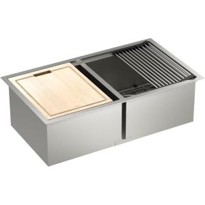 imageMoen Luxe Chef 18Gauge Stainless Steel Undermount 33quot x 19quot Double Bowl Workstation Kitchen Sink Includes Cutting Board Flexible Drying Rack Colander Bottom Sink Grid and Drain GS182040BUXUndermount