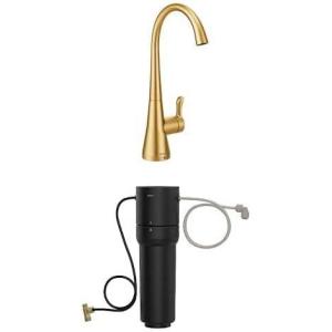 imageMoen Sip Brushed Gold Beverage Faucet with High Arc Rotating Spout Plus Advanced Carbon Water Filtration System for Cleaner Drinking Water S5520BG  F9800
