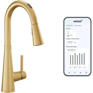 imageMoen 7864EVBG Sleek Smart Touchless Pull Down Sprayer Kitchen Faucet with Voice Control and Power Boost Includes Optional Chrome Accents Brushed Gold