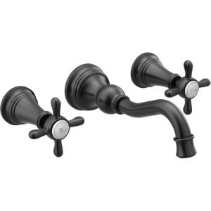 imageMoen TS42112BL Weymouth Cross Handle Wall Mount Bathroom Faucet Trim Valve Required Matte Black