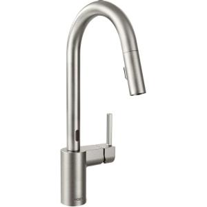imageMoen Align Spot Resist Stainless Motionsense TwoSensor Touchless OneHandle High Arc Modern Pulldown Kitchen Faucet with Reflex Docking System 7565ESRS
