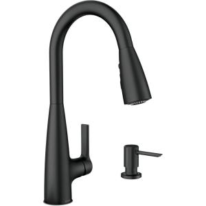 imageMoen Haelyn Matte Black SingleHandle PullDown Sprayer Kitchen Faucet Featuring Power Boost for a Faster Clean Soap Dispenser Included 87627BLMatte Black