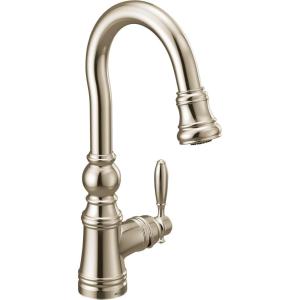 imageMoen S53004SRS Weymouth Shepherds Hook Pulldown Kitchen Bar Faucet Featuring Metal Wand with Power Clean Spot Resist StainlessPolished Nickel
