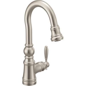 imageMoen S53004SRS Weymouth Shepherds Hook Pulldown Kitchen Bar Faucet Featuring Metal Wand with Power Clean Spot Resist StainlessSpot Resist Stainless