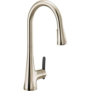 imageMoen Sinema Polished Nickel OneHandle High Arc Pulldown Kitchen Faucet featuring Power Boost and Reflex Accent Handle Included for Customizing S7235NL