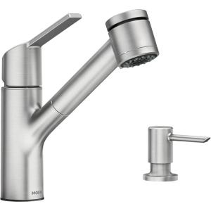 imageMoen Sombra Spot Resist Stainless SingleHandle PullOut Sprayer Kitchen Faucet with Soap Dispenser and Power Clean 87701SRS