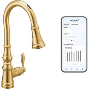 imageMoen Weymouth Chrome Smart Faucet Touchless Pull Down Sprayer Kitchen Faucet with Voice Control and Power Boost S73004EVCBrushed Gold