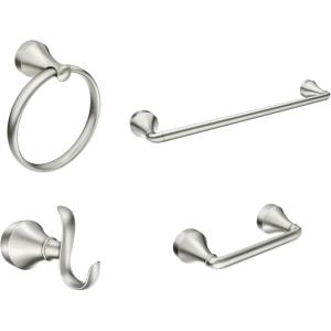 imageMoen Y1394BN Wellton 4Piece Bathroom Accessory Collection Includes Towel Ring Robe Hook Towel Bar and Pivoting Toilet Paper Holder Brushed Nickel