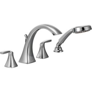 imageMoen T694BG Voss 2Handle Deck Mount Roman Tub Faucet Trim Kit Valve Required Including Single Function Handshower Brushed GoldChrome