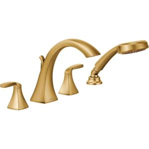 imageMoen T694BG Voss 2Handle Deck Mount Roman Tub Faucet Trim Kit Valve Required Including Single Function Handshower Brushed GoldGold