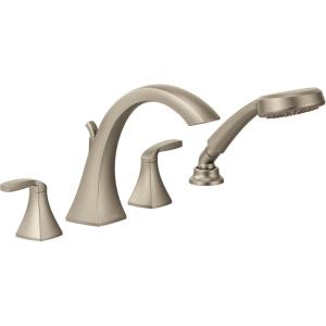 imageMoen T694BG Voss 2Handle Deck Mount Roman Tub Faucet Trim Kit Valve Required Including Single Function Handshower Brushed GoldNickel