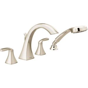 imageMoen T694BG Voss 2Handle Deck Mount Roman Tub Faucet Trim Kit Valve Required Including Single Function Handshower Brushed GoldPolished Nickel