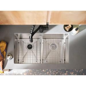 imageMoen Prep 18Gauge Stainless Steel Dual Mount 33quot x 22quot x 9quot Double Bowl LowDivide Kitchen Sink with Bottom Grids Included GS182082BLow Divide