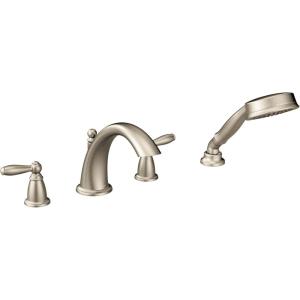 imageMoen Brantford brushed Nickel TwoHandle Deck Mount Roman Tub Faucet Trim Kit with Single Function Handshower Valve Required T924BNBrushed Nickel