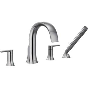 imageMoen TS983BL Doux TwoHandle High Arc DeckMount Roman Tub Faucet Trim with Handshower Valve Required Matte BlackChrome