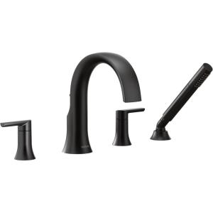 imageMoen TS983BL Doux TwoHandle High Arc DeckMount Roman Tub Faucet Trim with Handshower Valve Required Matte BlackMatte Black