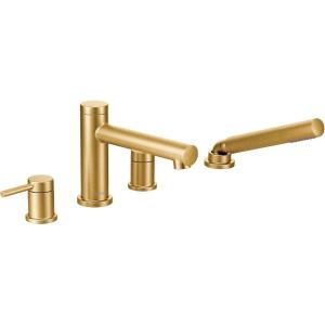 imageMoen T394 Align 2Handle Deck Mount Modern Roman Tub Faucet Trim Kit Valve Required Including Single Function Handshower ChromeBrushed Gold
