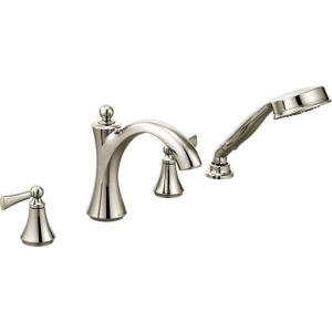 imageMoen T654BN Wynford TwoHandle Diverter Roman Tub Faucet Includes Hand Shower without Valve Brushed NickelPolished Nickel