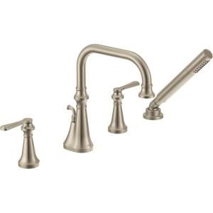imageMoen TS44504BG Colinet Two Handle DeckMount Roman Tub Faucet Trim with Lever Handles and Handshower Valve Required Brushed GoldBrushed Nickel