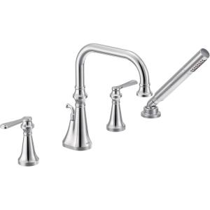 imageMoen TS44504BG Colinet Two Handle DeckMount Roman Tub Faucet Trim with Lever Handles and Handshower Valve Required Brushed GoldChrome
