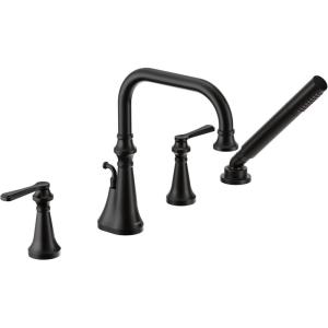 imageMoen TS44504BG Colinet Two Handle DeckMount Roman Tub Faucet Trim with Lever Handles and Handshower Valve Required Brushed GoldMatte Black