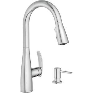 imageMoen Reyes Chrome OneHandle High Arc Pulldown Kitchen Faucet with Soap Dispenser and Power Boost 87932Chrome