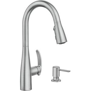 imageMoen Reyes Chrome OneHandle High Arc Pulldown Kitchen Faucet with Soap Dispenser and Power Boost 87932Spot Resist Stainless