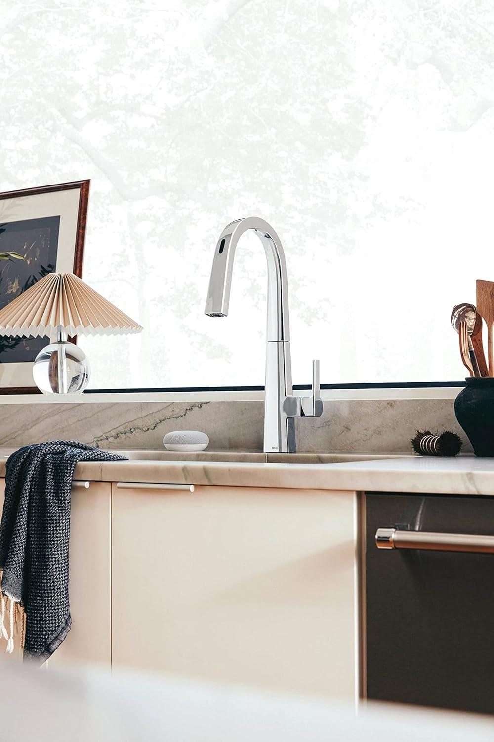 imageMoen S75005EVC Nio Smart Faucet Touchless Pull Down Sprayer Kitchen Faucet with Voice Control and Power Boost ChromeChrome