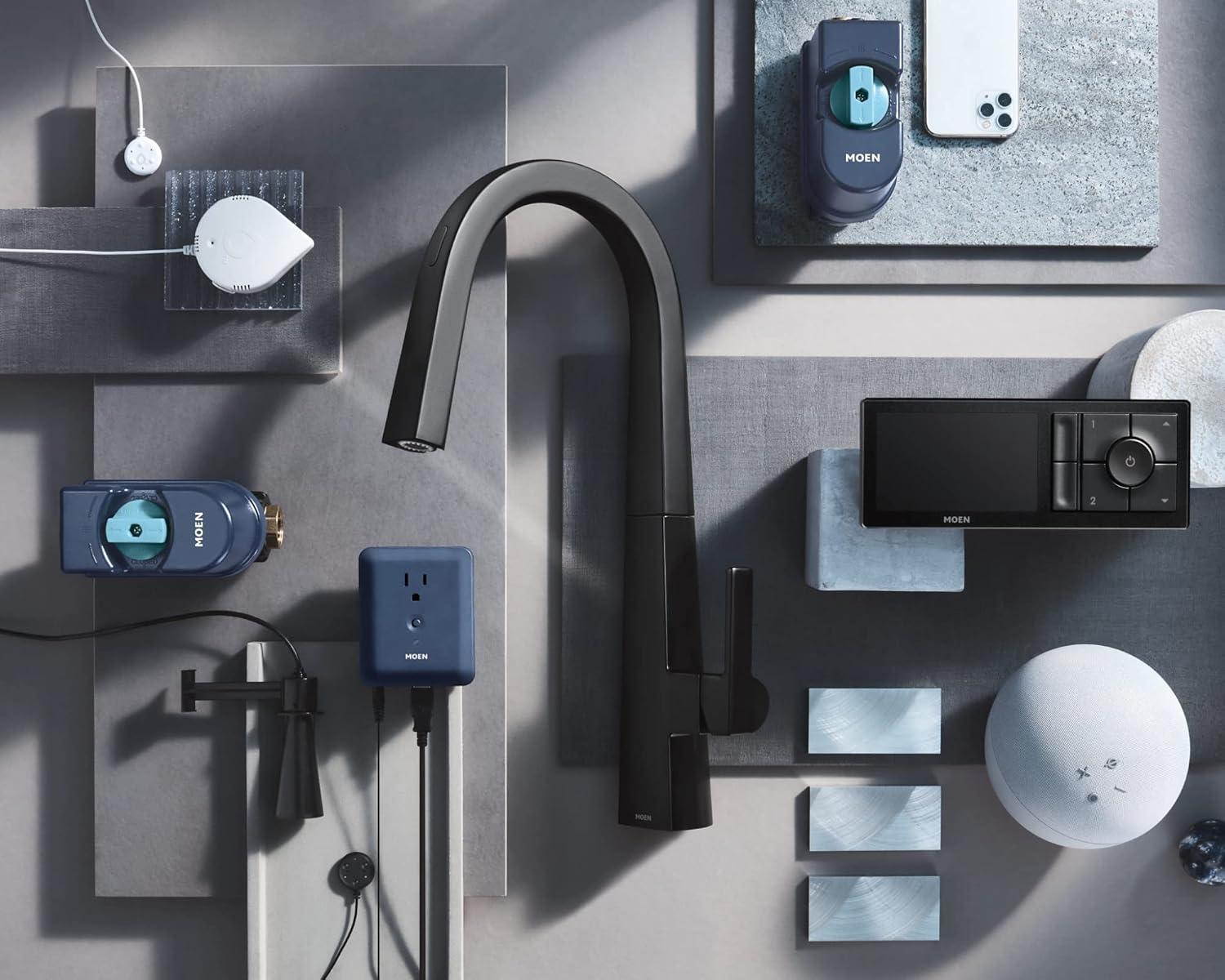 imageMoen S75005EVC Nio Smart Faucet Touchless Pull Down Sprayer Kitchen Faucet with Voice Control and Power Boost ChromeMatte Black