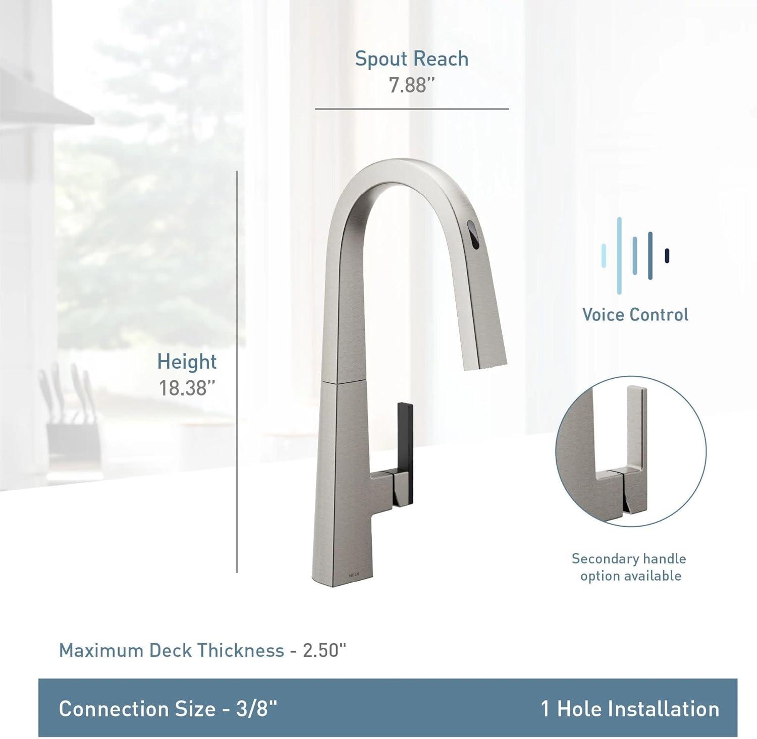imageMoen S75005EVC Nio Smart Faucet Touchless Pull Down Sprayer Kitchen Faucet with Voice Control and Power Boost ChromeMatte Black