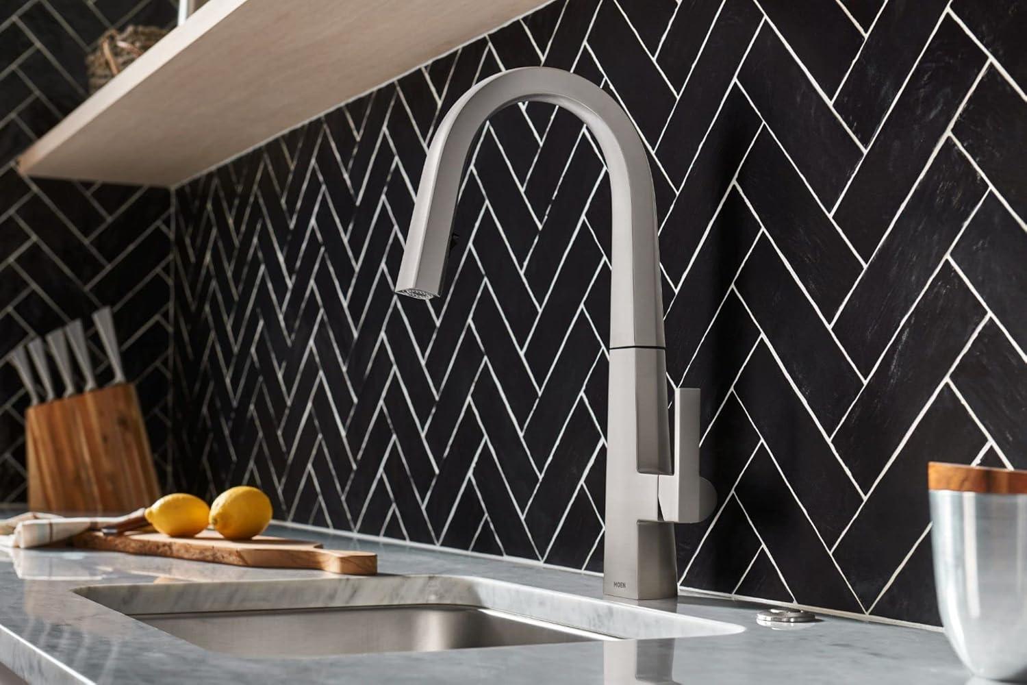 imageMoen S75005EVC Nio Smart Faucet Touchless Pull Down Sprayer Kitchen Faucet with Voice Control and Power Boost ChromeSpot Resist Stainless