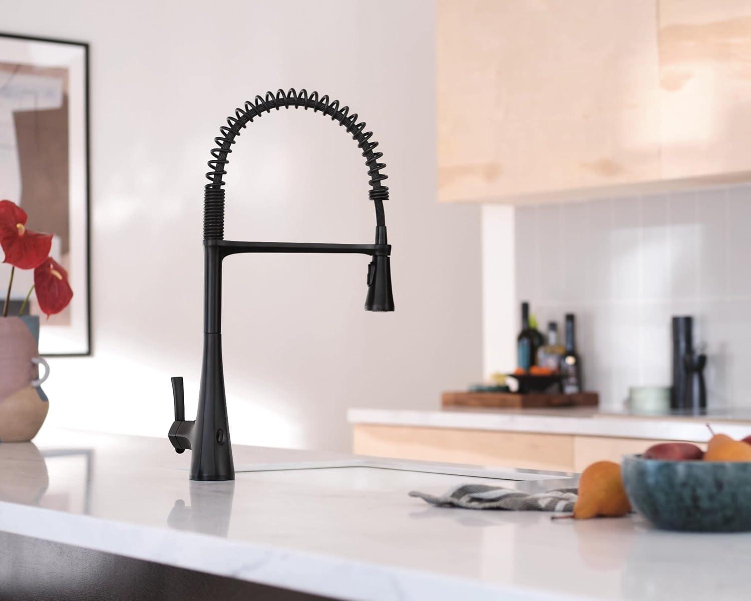 imageMoen Sinema Matte Black SingleHandle Touchless High Arc Pulldown Kitchen Faucet Spring Kitchen Sink Faucet with Pulldown Sprayer Head and Wave Motion Sensor S5235EWBL