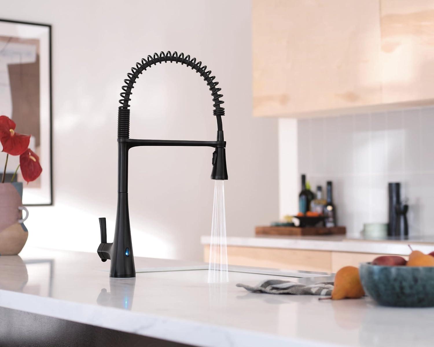 imageMoen Sinema Matte Black SingleHandle Touchless High Arc Pulldown Kitchen Faucet Spring Kitchen Sink Faucet with Pulldown Sprayer Head and Wave Motion Sensor S5235EWBL