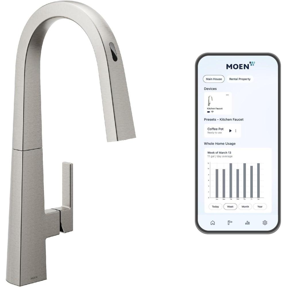 imageMoen S75005EVC Nio Smart Faucet Touchless Pull Down Sprayer Kitchen Faucet with Voice Control and Power Boost ChromeSpot Resist Stainless